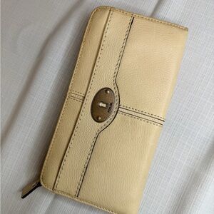 Fossil Leather Zip-Around Wallet in Light Cream